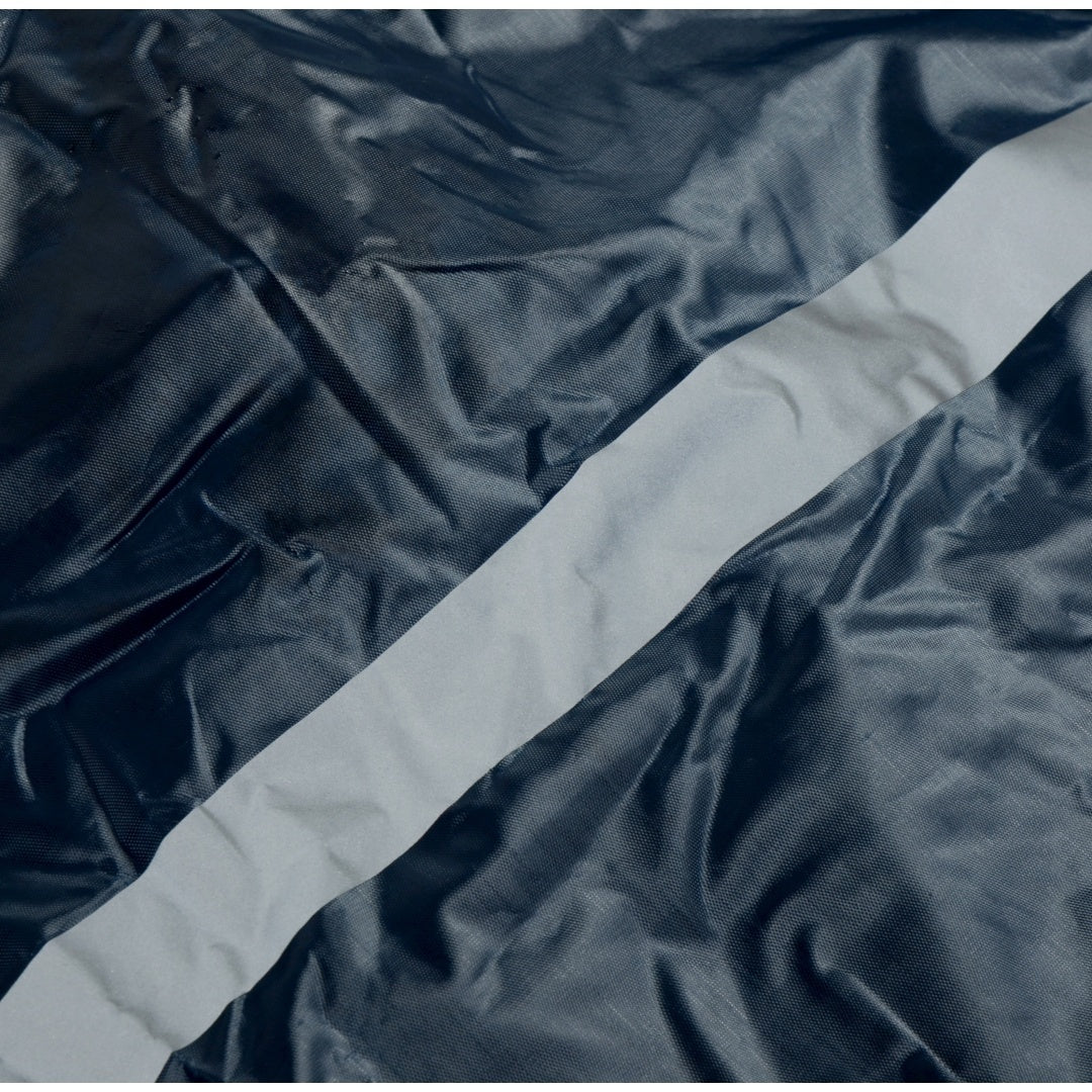 Close-up of reflective strip and waterproof polyester fabric