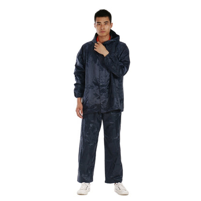 Navy two-piece waterproof rain suit with jacket and pants, front view