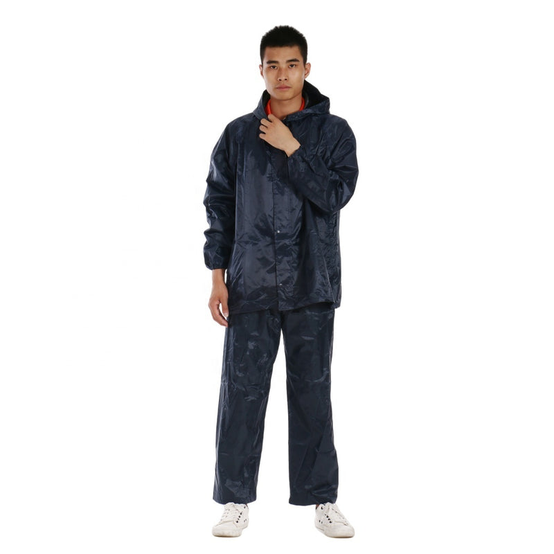 Navy two-piece waterproof rain suit with jacket and pants, front view