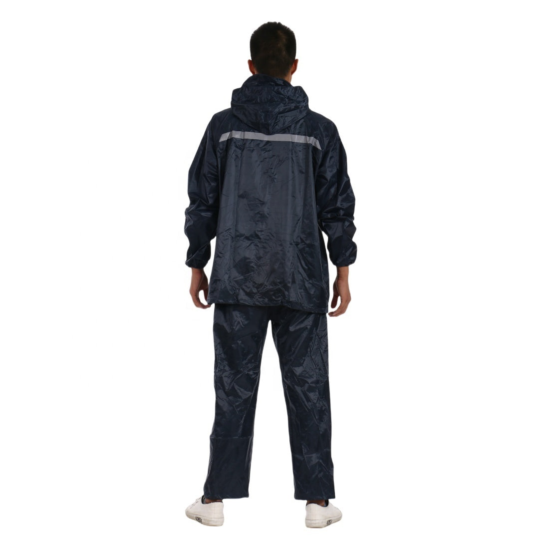 Navy waterproof rain suit, back view with reflective strip