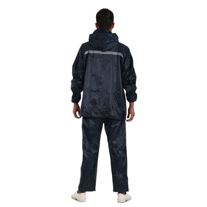 Navy waterproof rain suit, back view with reflective strip
