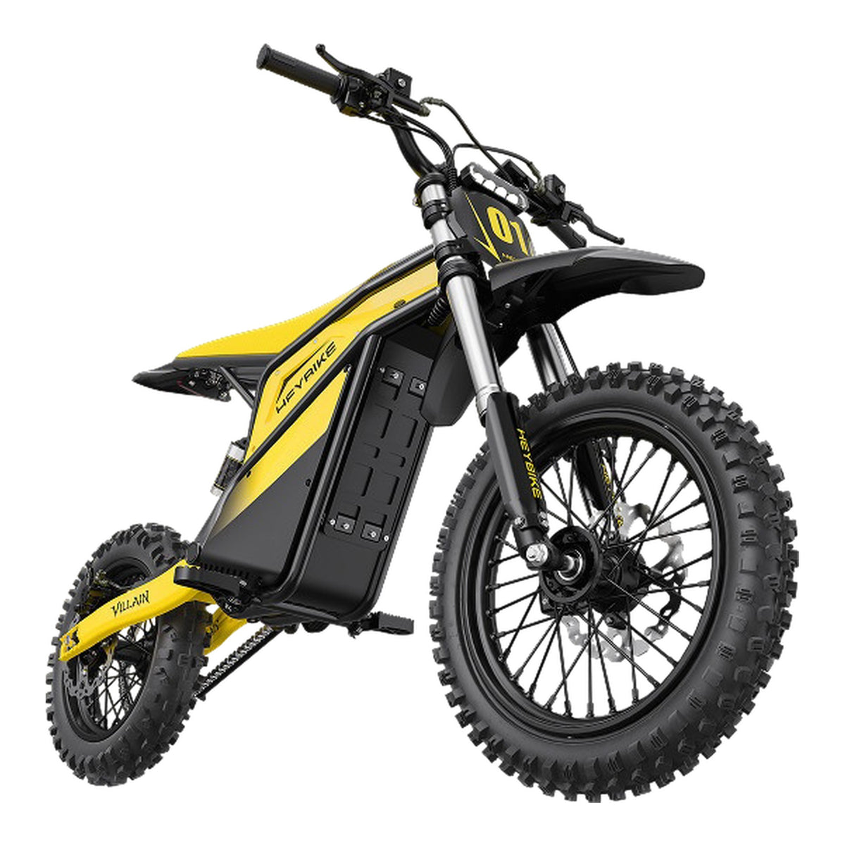 HEYBIKE Villain Yellow dirt bike eléctrica sobre fondo blanco