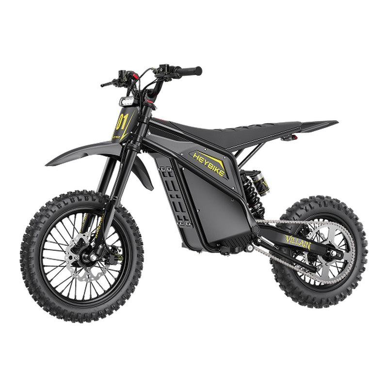 HEYBIKE Villain dirt bike eléctrica negra sobre fondo blanco